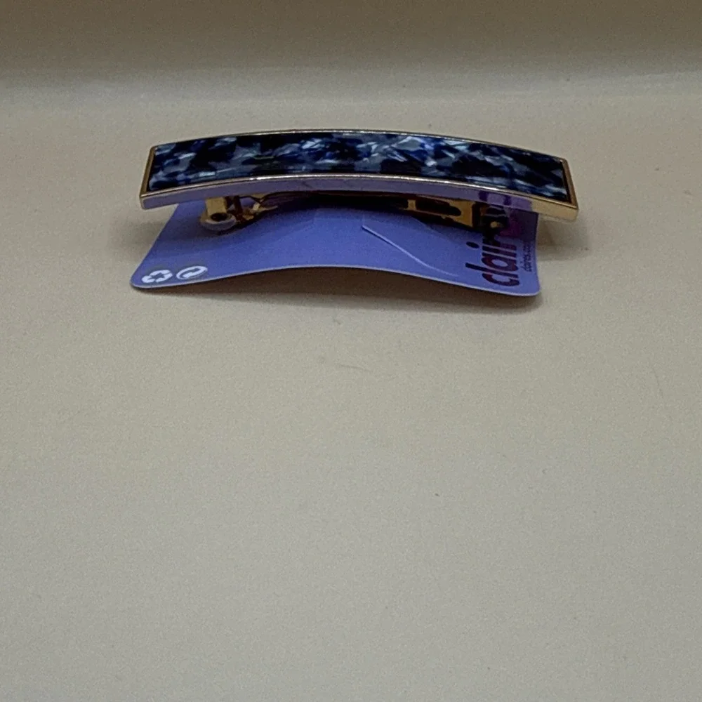 Claire's Rectange Blue Black Marble Print Barrette Hair Clip Gold Rim 3.5